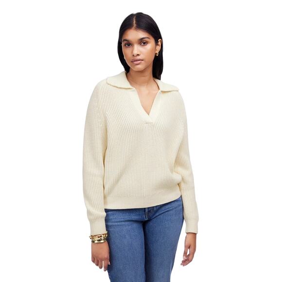 NWT Madewell Ivory Shaker-Stitch Sweater S Cotton Cashmere Collared Pullover - Picture 1 of 7